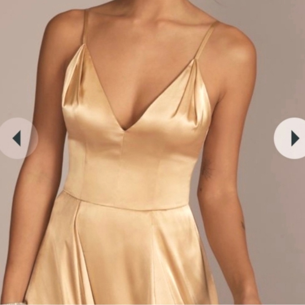 David's Bridal GOLDEN SATIN V-Neck Spaghetti Strap Formal Gown Event Maxi Dress - Picture 3 of 12